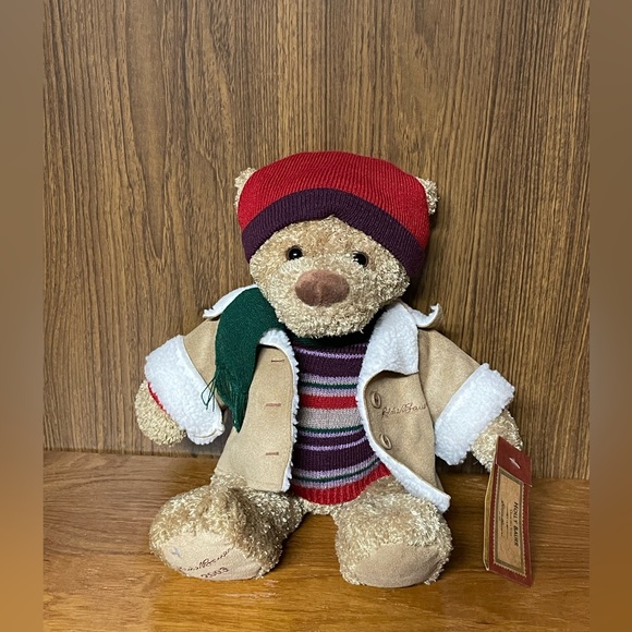Eddie Bauer 2003 Winter Christmas Teddy Bear 12” Plush Stuffed Coat Sweater Hat - Picture 1 of 5